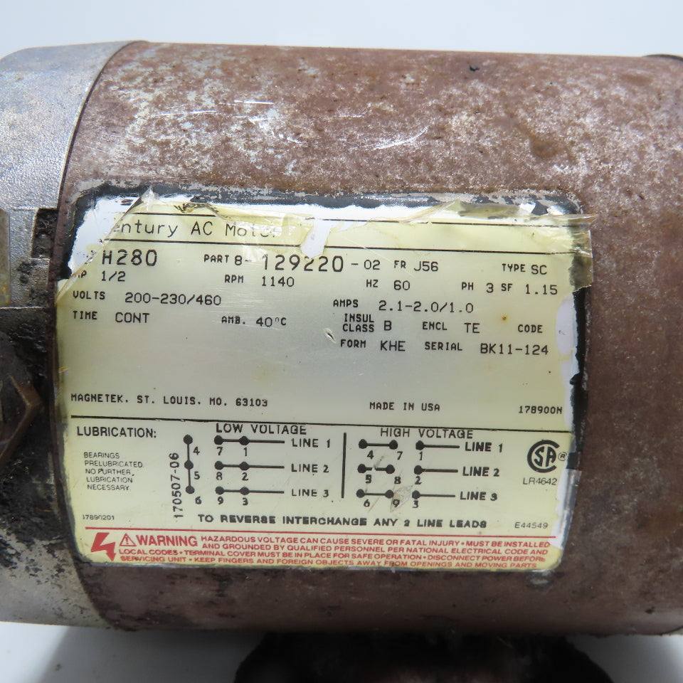Century Motor 8-129220-02 Type SC 1/2Hp 1140 RPM 3Ph 200-230/460V AC Motor