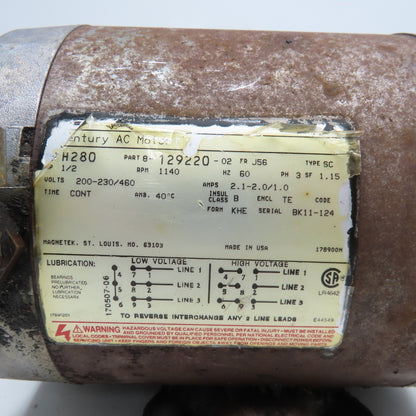 Century Motor 8-129220-02 Type SC 1/2Hp 1140 RPM 3Ph 200-230/460V AC Motor