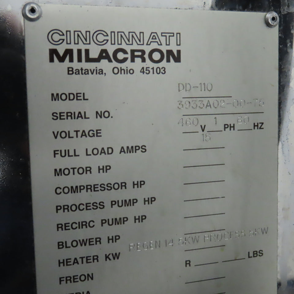 Cincinnati Milacron DD-110 Drying Hopper & Heated Dryer 480V 1PH W/Vacuum Loader