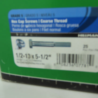 Hillman 1/2-13x5-1/2 Hex Cap Screws Coarse Thread Lot Of 25