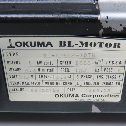 Okuma BL MC50E-20TB 1kW 2000RPM 3Ph 133V 133Hz BL Motor Missing Cover