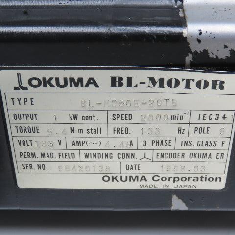 Okuma BL MC50E-20TB 1kW 2000RPM 3Ph 133V 133Hz BL Motor Missing Cover