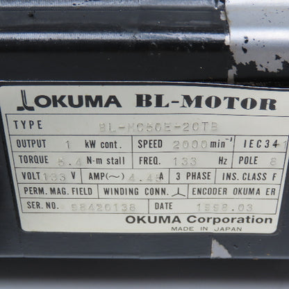 Okuma BL MC50E-20TB 1kW 2000RPM 3Ph 133V 133Hz BL Motor Missing Cover