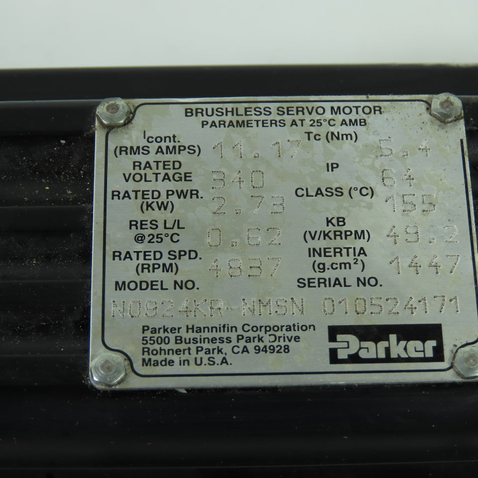 Parker N0924KR-NMSN 340V Brushless Servo Motor W/Gear Reducer 4837RPM