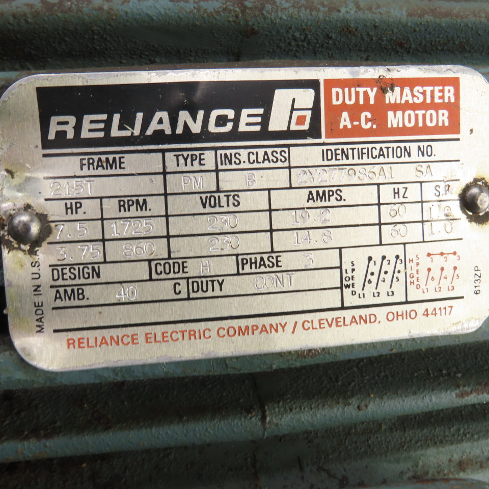 Reliance Type PM 3.75/7.5HP 2-Speed AC Motor 1725/860RPM 230V 3PH 215T Frame