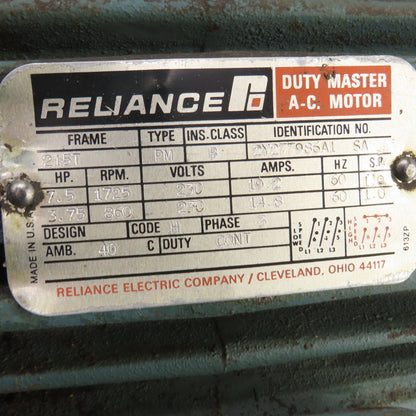 Reliance Type PM 3.75/7.5HP 2-Speed AC Motor 1725/860RPM 230V 3PH 215T Frame
