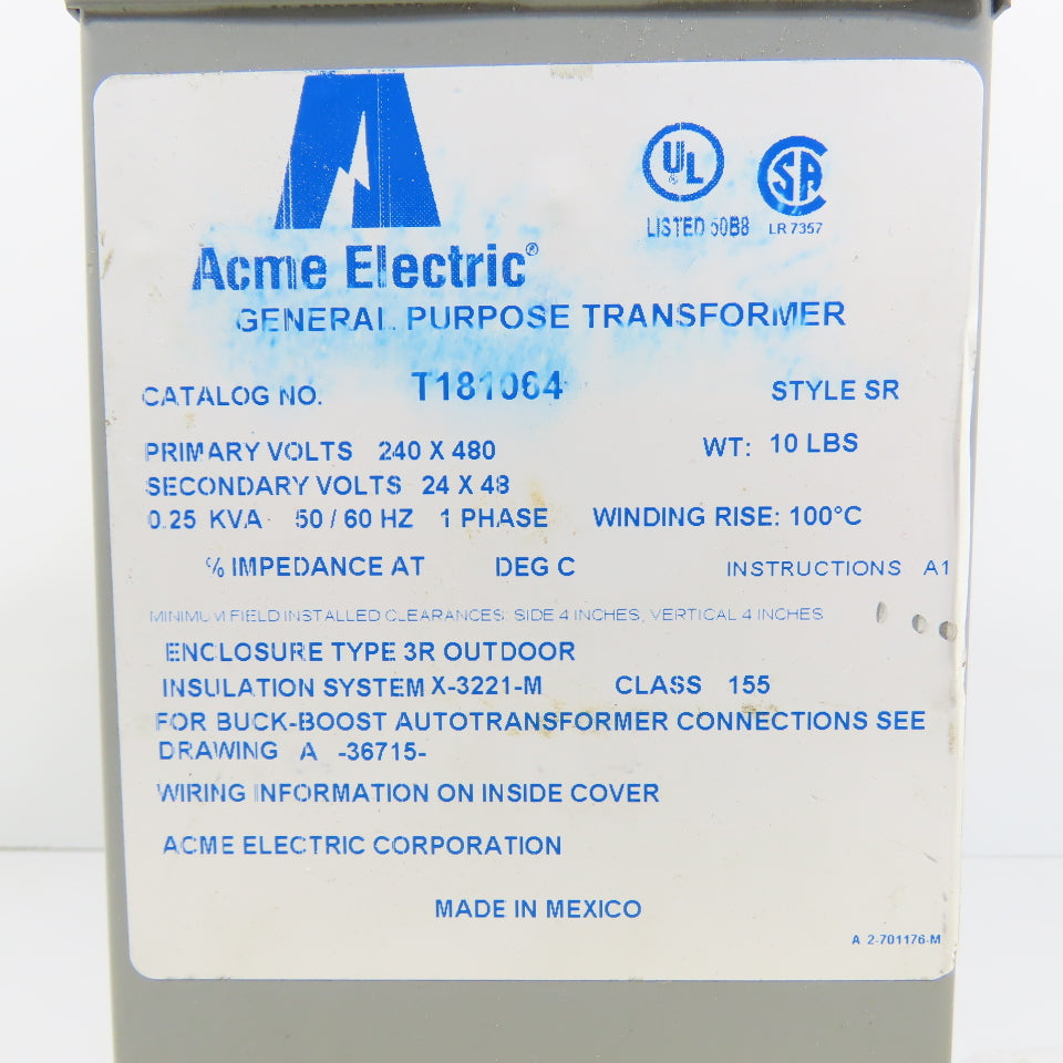 Acme T181064 0.25kVA Single Phase Transformer Pri 240/480V Sec 24/48V Type 3R