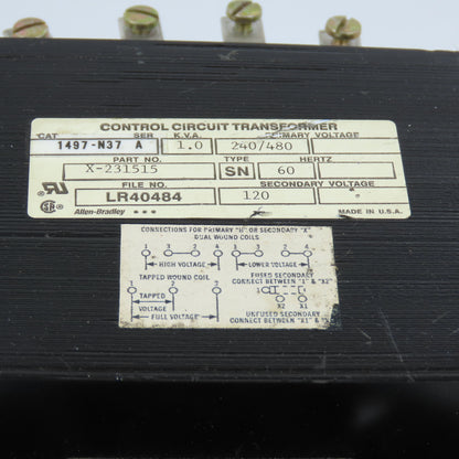 Allen Bradley 1497-N37 Ser A 1.0kVA Control Transformer Pri 240/480V Sec 120V