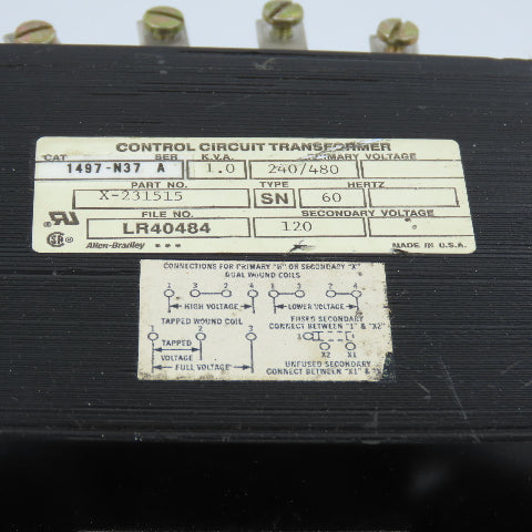Allen Bradley 1497-N37 Ser A 1.0kVA Control Transformer Pri 240/480V Sec 120V