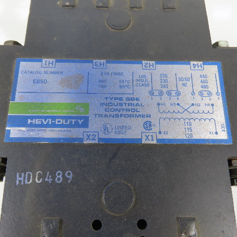 Hevi-Duty E850 0.850/0.750kVA Control Transformer Pri 220/480V Sec 110-115-120V