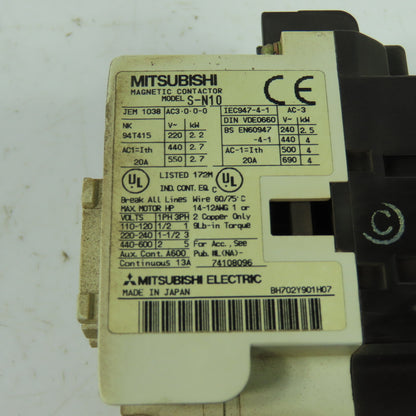 Mitsubishi S-N10 20A Contactor 110V Coil W/TH-N12TP Overload Relay 0.55 - 0.8A
