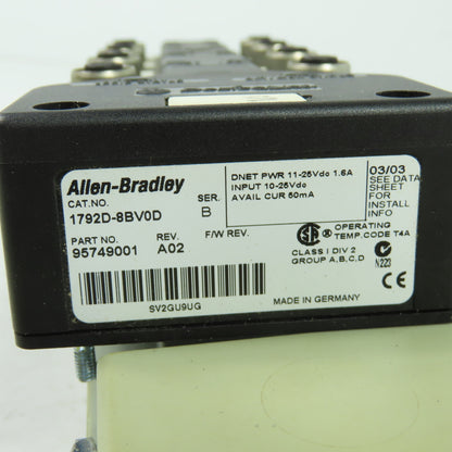 Allen Bradley 1792D-8BV0D Ser B 8-Input ArmorBlock I/O Module DeviceNet Rev A02