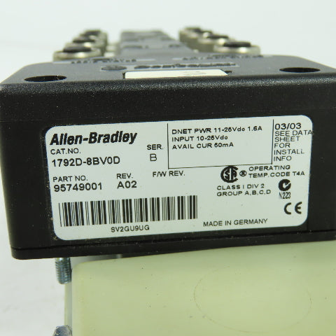 Allen Bradley 1792D-8BV0D Ser B 8-Input ArmorBlock I/O Module DeviceNet Rev A02
