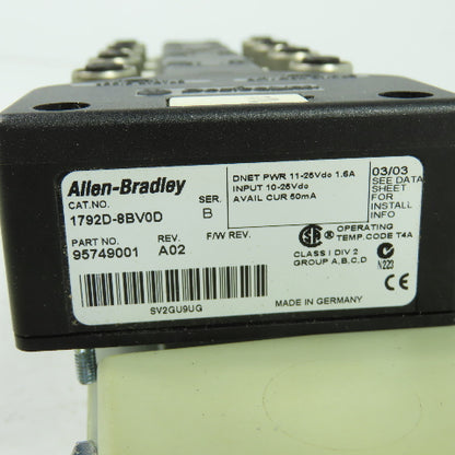 Allen Bradley 1792D-8BV0D Ser B 8-Input ArmorBlock I/O Module DeviceNet Rev A02