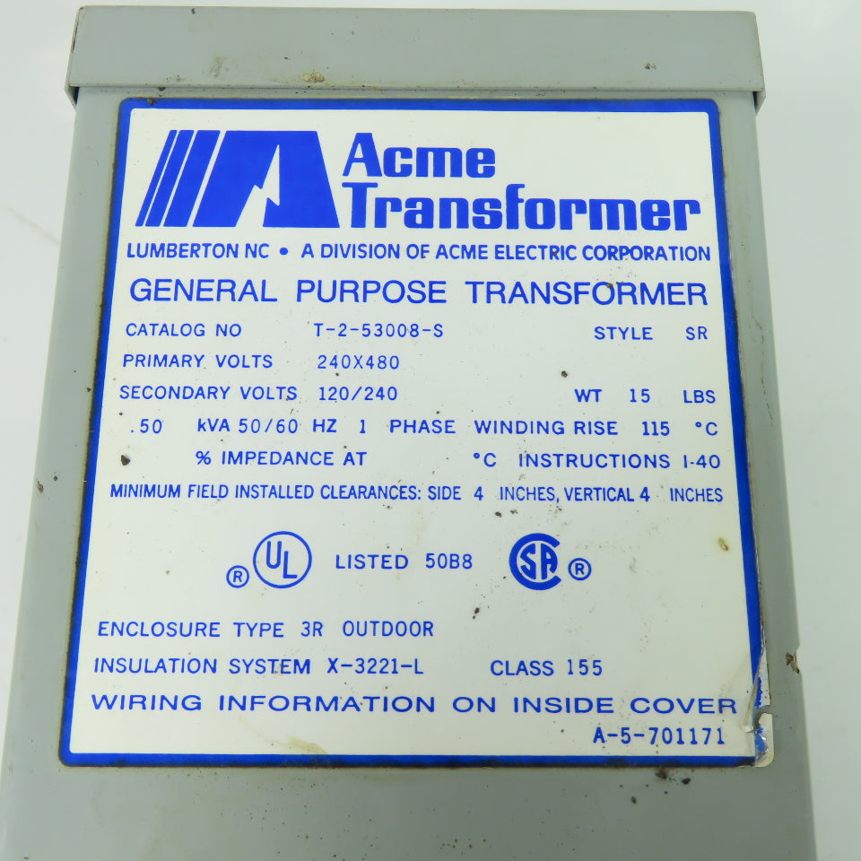 Acme T-2-53008-S Transformer 248/480V Pri 120/240V Sec .50 KVA 1Ph