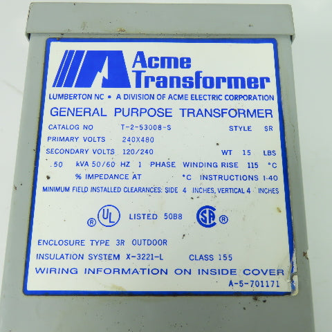 Acme T-2-53008-S Transformer 248/480V Pri 120/240V Sec .50 KVA 1Ph