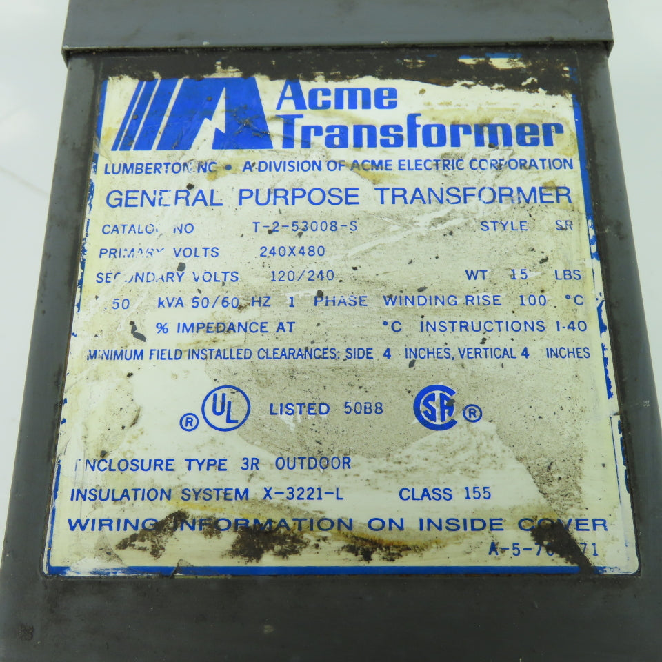 Acme T-2-53008-S Transformer 248/480V Pri 120/240V Sec .50 KVA 1Ph