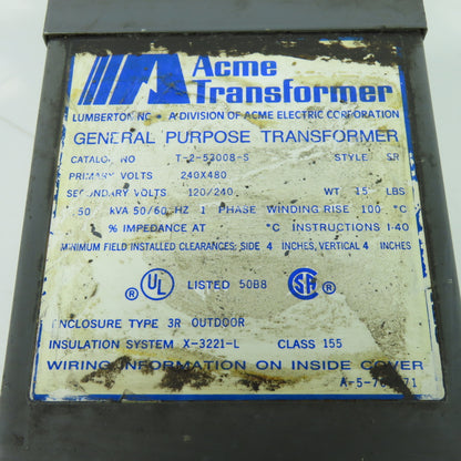Acme T-2-53008-S Transformer 248/480V Pri 120/240V Sec .50 KVA 1Ph