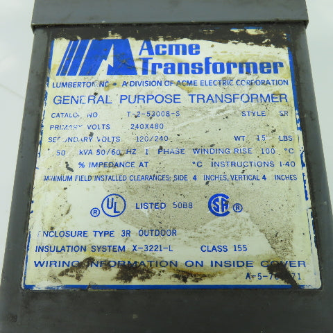 Acme T-2-53008-S Transformer 248/480V Pri 120/240V Sec .50 KVA 1Ph