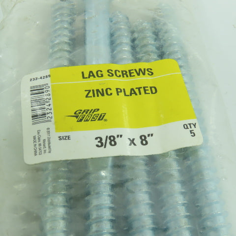 Grip Fast 232-4289 3/8" x 8" Zinc Plated Lag Screws Hex Head Lot Of 10