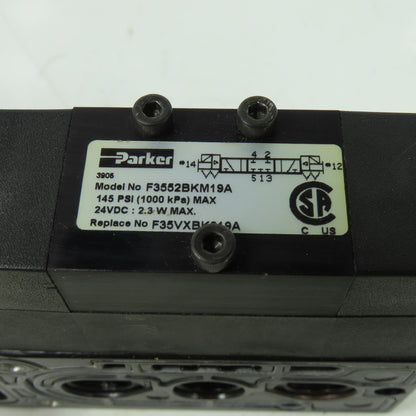 Parker F35VXBK019A 24VDC Pneumatic Solenoid Valve W/ Manifold 145 PSI 2.3W