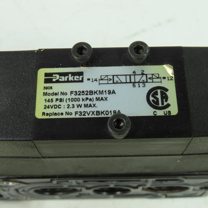 Parker F32VXBK019A 24VDC Pneumatic Solenoid Valve W/ Manifold 145 PSI 2.3W
