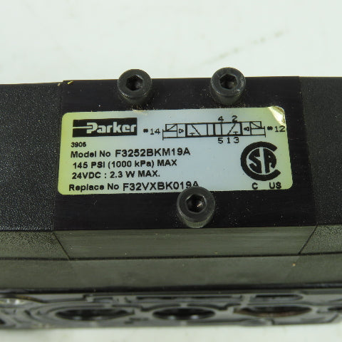 Parker F32VXBK019A 24VDC Pneumatic Solenoid Valve W/ Manifold 145 PSI 2.3W