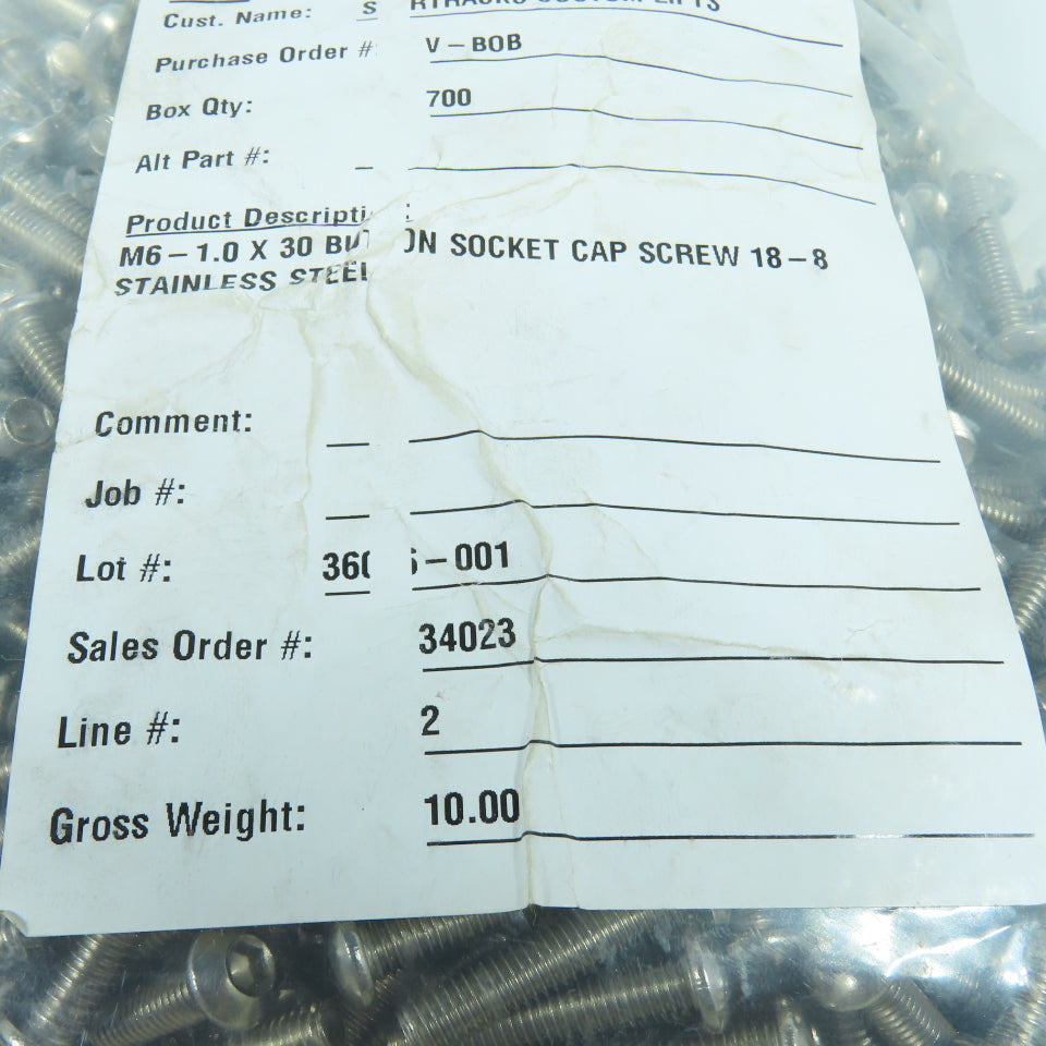 M6-1.0 x 30 Button Socket Cap Screw Fully Threaded 18-8 Stainless Steel Lot/900