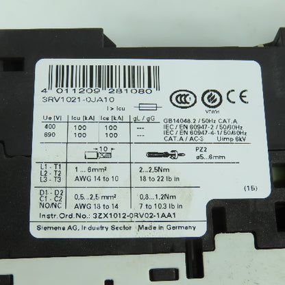 Siemens 3RV1021-0JA10 Motor Starter Protector Circuit Breaker 0.7-1.0A Lot Of 2