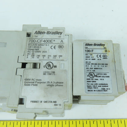 Allen Bradley 700-CF400E* Ser A 600V 25A Contactor Relay 24VDC Coil W/ 100-F Aux