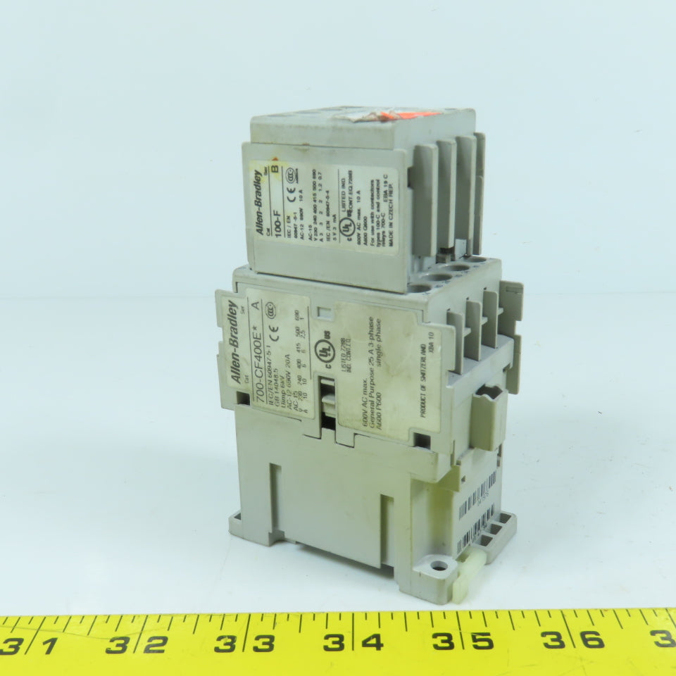 Allen Bradley 700-CF400E* Ser A 600V 25A Contactor Relay 24VDC Coil W/ 100-F Aux