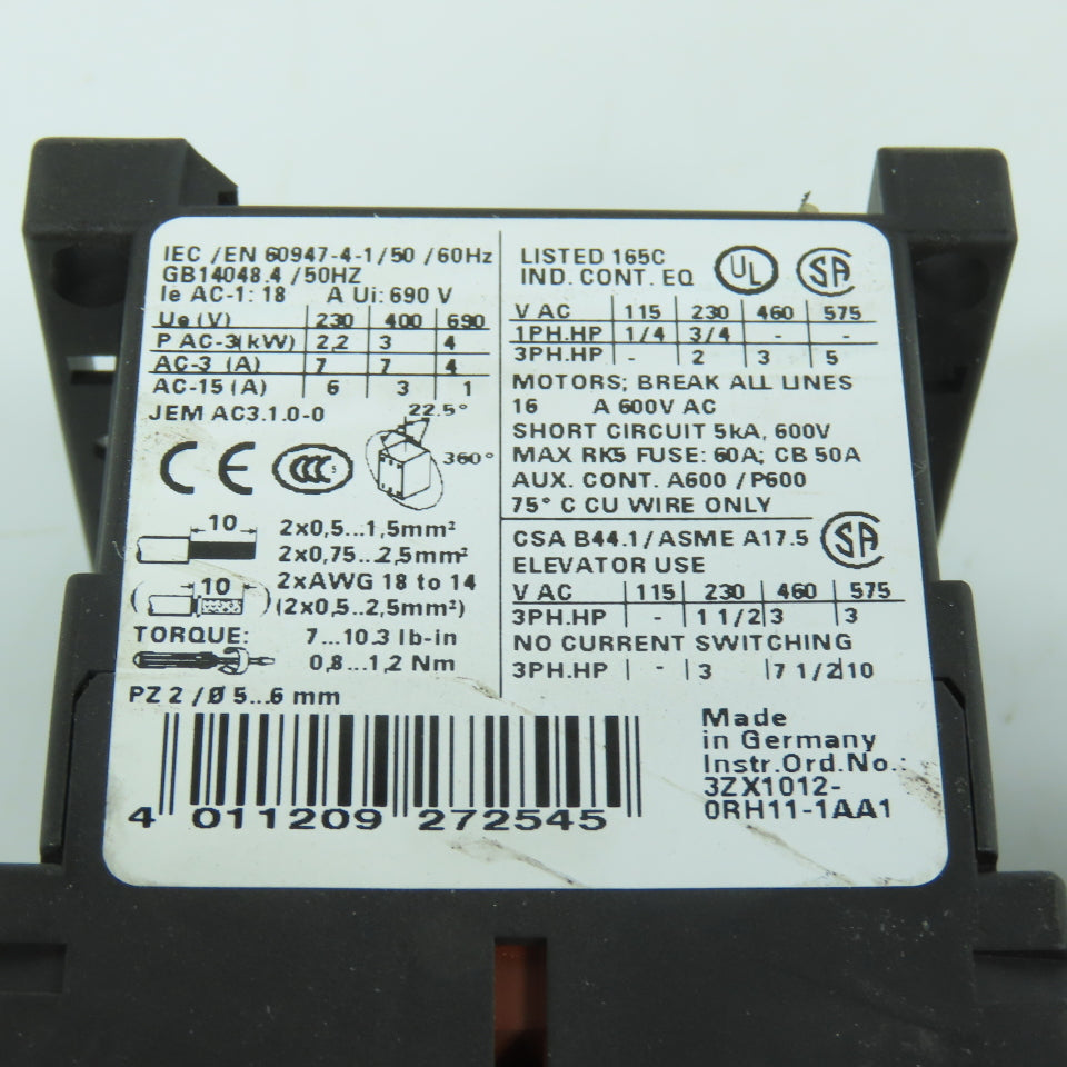 Siemens 3RT1015-1BB41 Sirius 20A 600V Contactor 24V DC Coil 1/4 - 5HP Lot Of 2