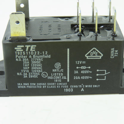 Potter & Brumfield T92S11D22-12 30A Power Relay 12VDC Lot Of 3