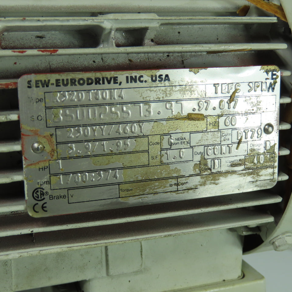 SEW Eurodrive R32DT80N4 4.5:1 3Ph Ratio Inline Gear Motor 230/460V 374RPM 1Hp