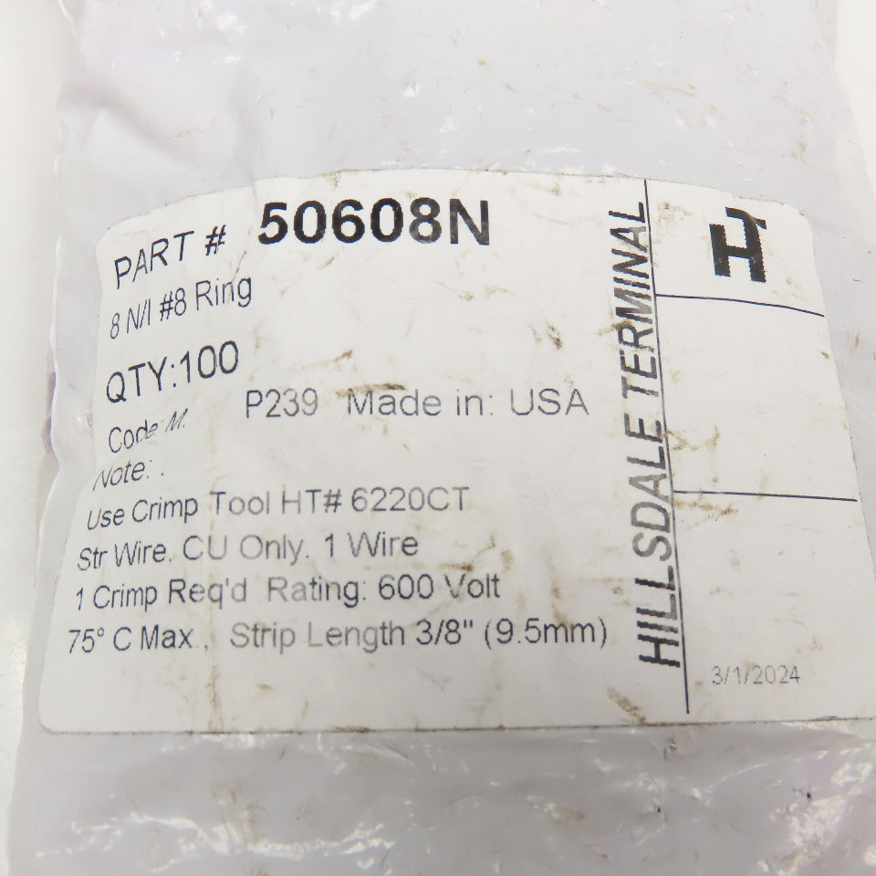 Hillsdale Terminal 50608N #8 Crimp On Wire Ring Terminal 600V Lot Of 100