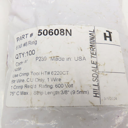 Hillsdale Terminal 50608N #8 Crimp On Wire Ring Terminal 600V Lot Of 100