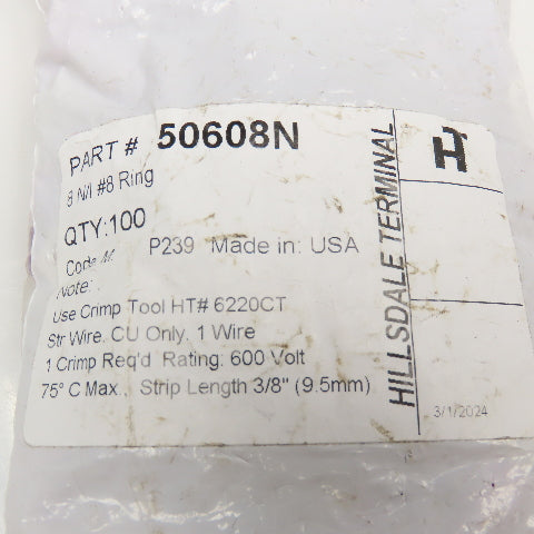 Hillsdale Terminal 50608N #8 Crimp On Wire Ring Terminal 600V Lot Of 100