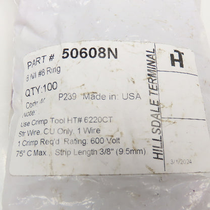 Hillsdale Terminal 50608N #8 Crimp On Wire Ring Terminal 600V Lot Of 100