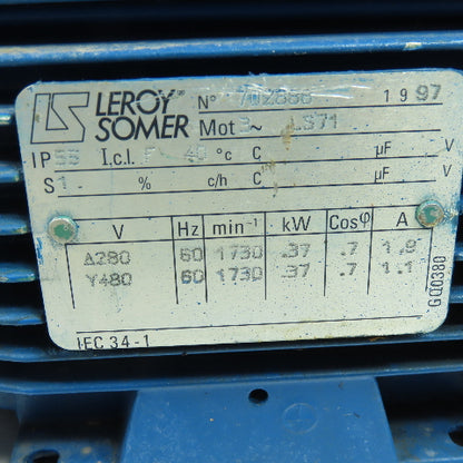 Leroy Somer M75014 702888 1730RPM Hydraulic Pump Motor 208/480V 0.37KW 60Hz