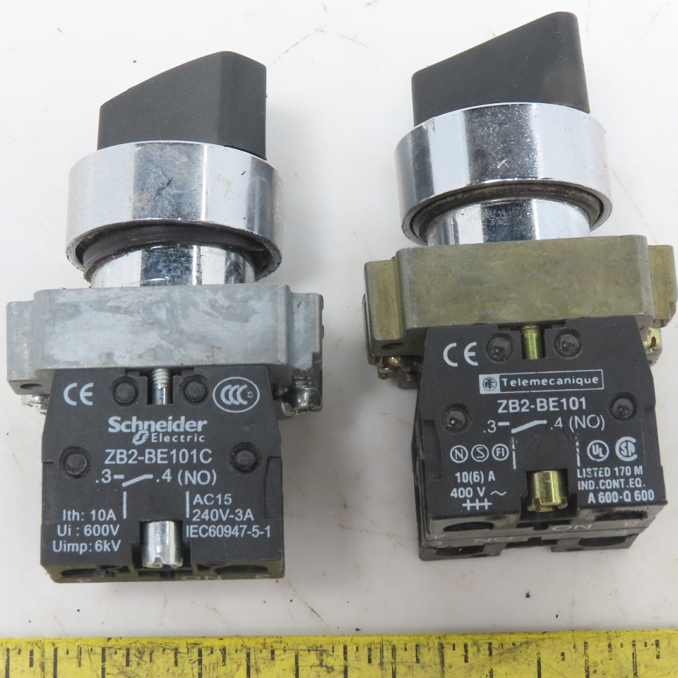 Schneider 2 Position Maintain Black Switch W/N.O. ZB2-BE101C Contact Lot of 2