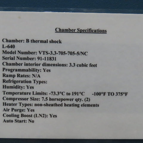 Cincinnati Sub-Zero VTS-3.3 Air To Air Thermal Shock Chamber -100°F To 375°F
