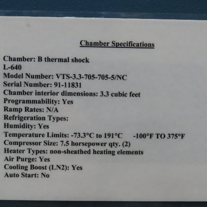 Cincinnati Sub-Zero VTS-3.3 Air To Air Thermal Shock Chamber -100°F To 375°F