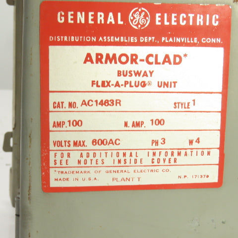 General Electric AC1463R Armor-Clad 100A 600V Fusible Bus Plug Switch 3PH 4 Wire
