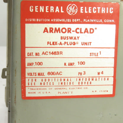 General Electric AC1463R Armor-Clad 100A 600V Fusible Bus Plug Switch 3PH 4 Wire