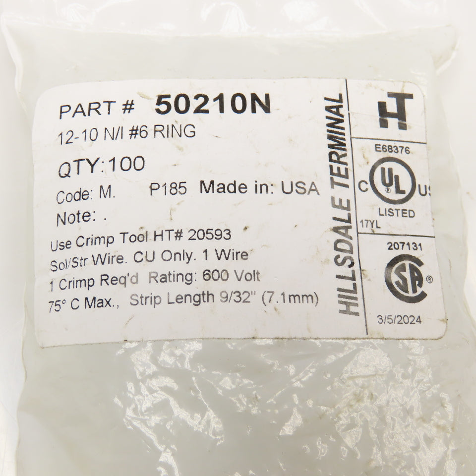 Hillsdale Terminal 50210N 12-10 N/I #6 Ring Terminal 600V Lot Of 100