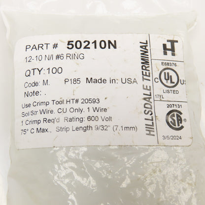 Hillsdale Terminal 50210N 12-10 N/I #6 Ring Terminal 600V Lot Of 100