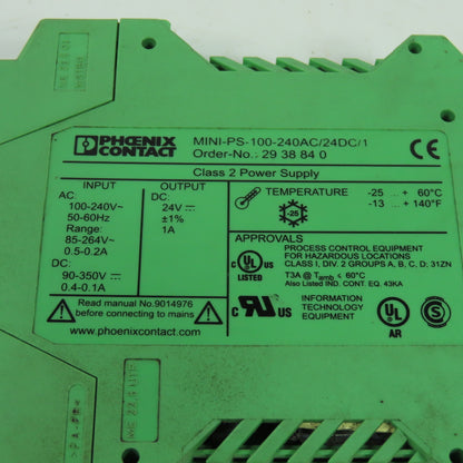 Phoenix Contact MINI-PS-100-240AC/24DC/1 Class 2 Power Supply 240VAC 24VDC