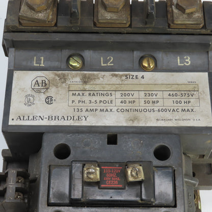 Allen Bradley 505-ECD Size 4 Motor Starter 100HP 120V Coil W/ 592-EOW16 Overload