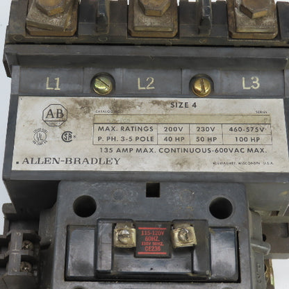 Allen Bradley 505-ECD Size 4 Motor Starter 100HP 120V Coil W/ 592-EOW16 Overload