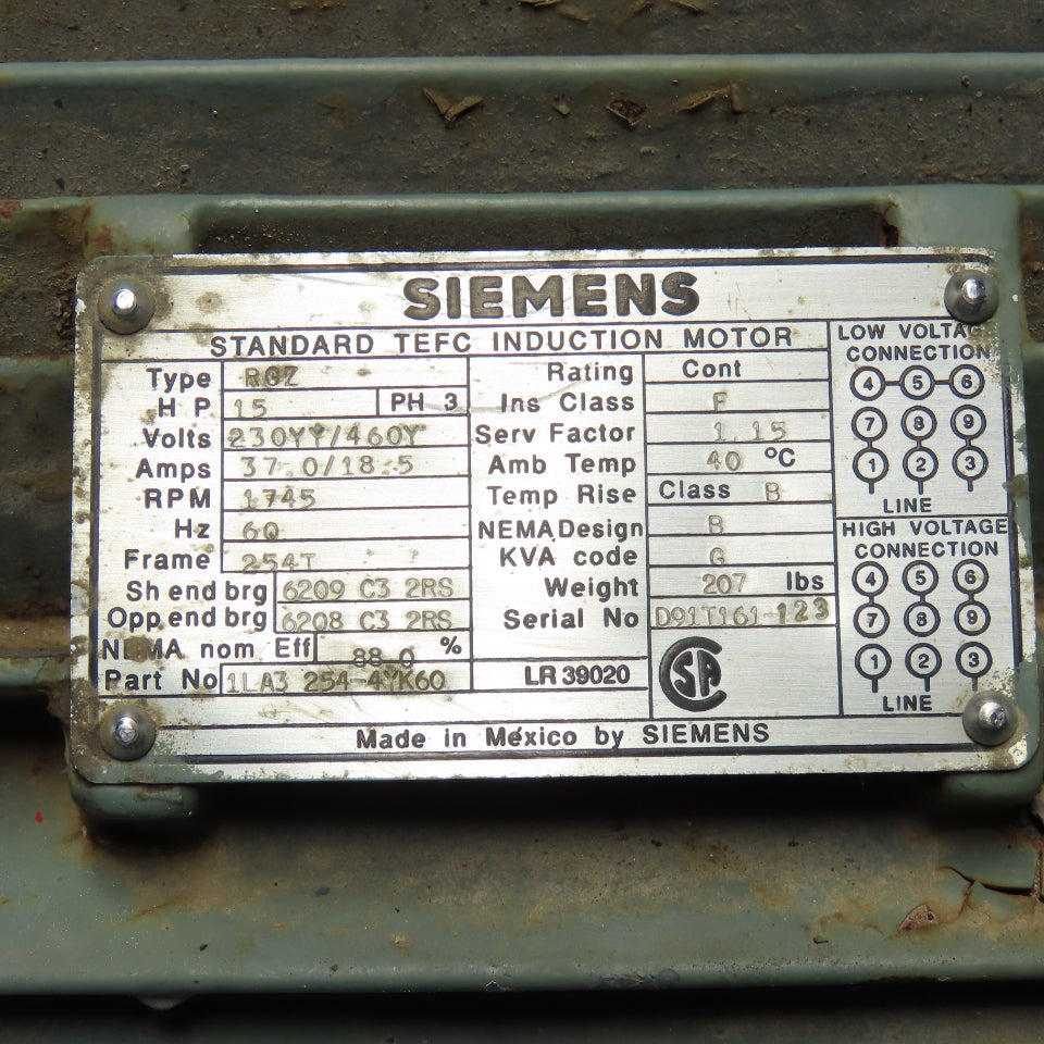 Siemens 1LA3 254-4-KY60 3Ph 15Hp RQZ TEFC Induction AC Motor 230/460V 254T Frame